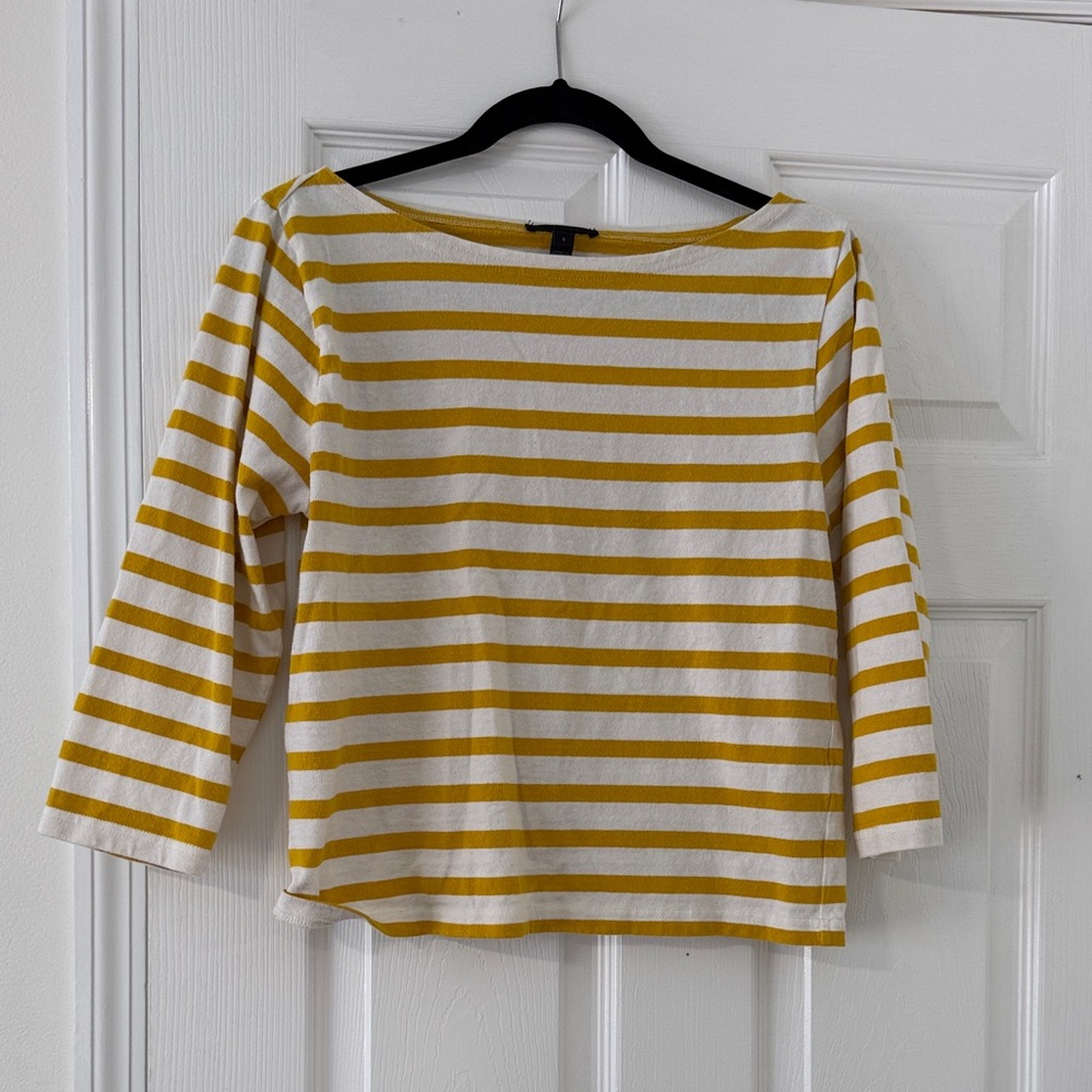 J. Crew White and Mustard Yellow Striped Long Sleeve Tee